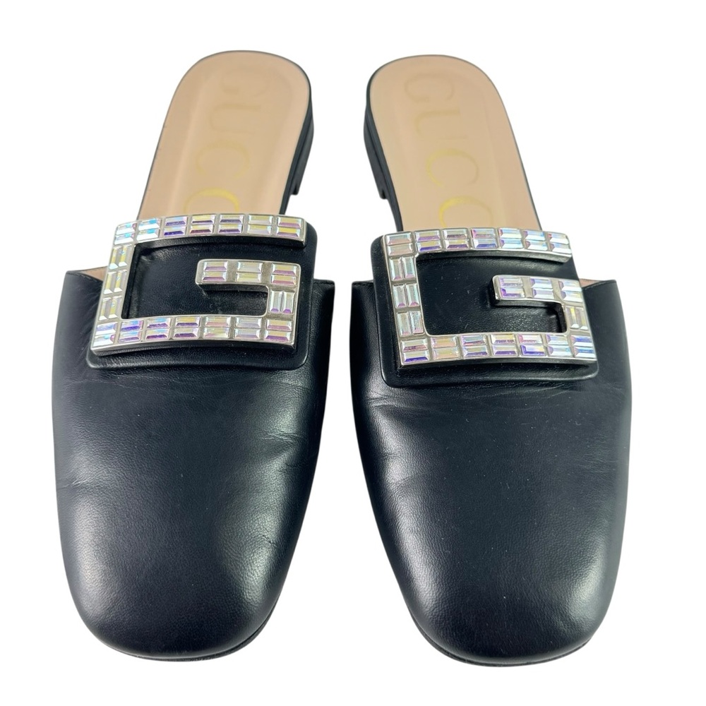 Gucci 551444 Madelyn Crystal G Embellish Black Leather Slide Flat Mules 38-8US